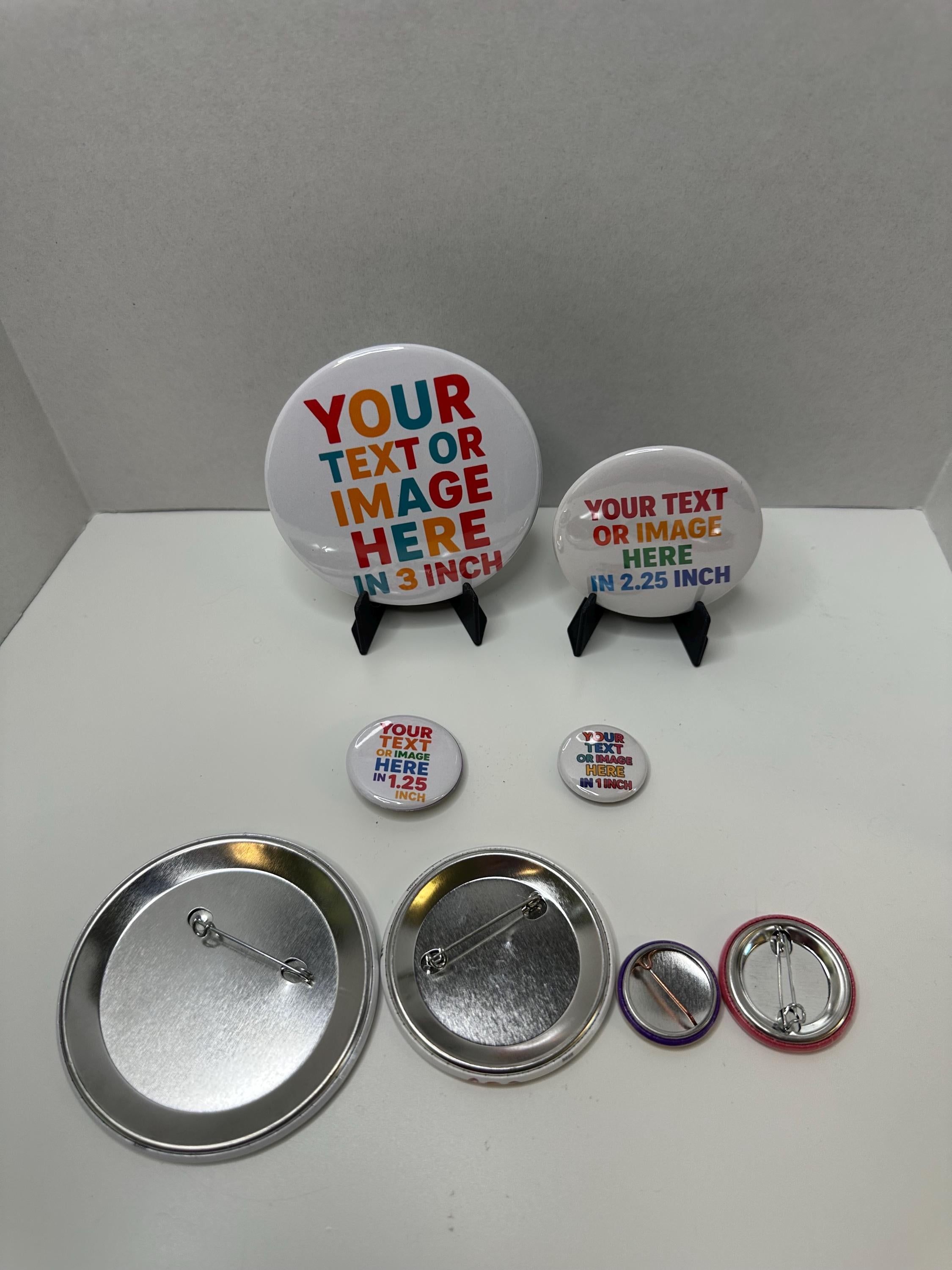 Full Color Custom Button Pins, pinback buttons, square buttons, custom photo fridge magnets, Fast Turnaround, Small Business, Events, Births